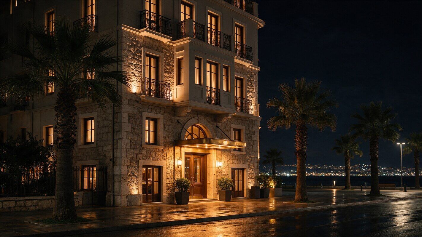 Gece, Kordon'da otel girişi; pirinç ışıklar ve körfez